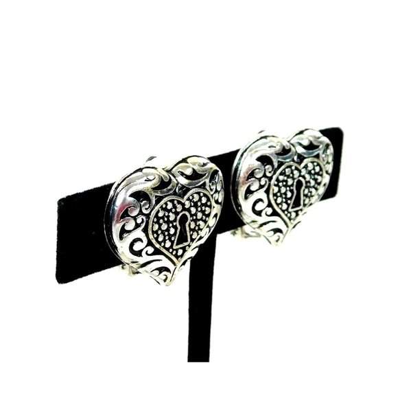 Heart Shape w/Keyhole Filigree Design Comfort Clip Earrings Silver Tone - Picture 2 of 8